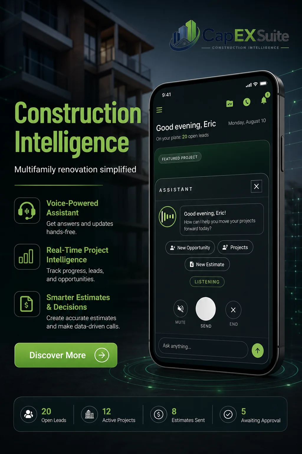 Construction Intelligence campaign image. Multifamily renovation simplified, with a phone showing the voice assistant panel and portfolio counters.