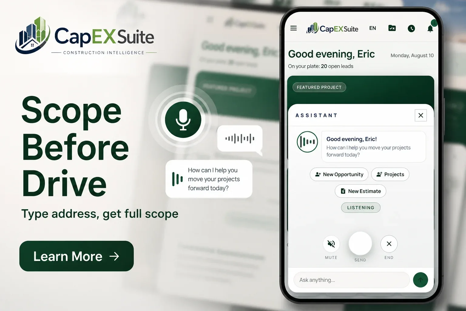 Scope Before Drive campaign image. Type address, get full scope, with a phone showing the CapExSuite assistant.
