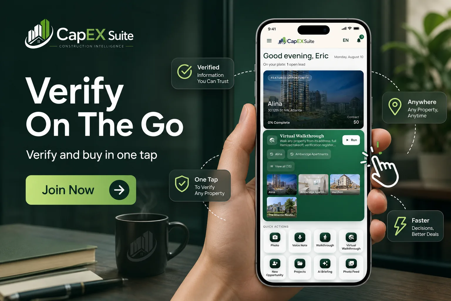 Verify On The Go campaign image. A hand holding a phone showing the CapExSuite dashboard with the Virtual Walkthrough card.