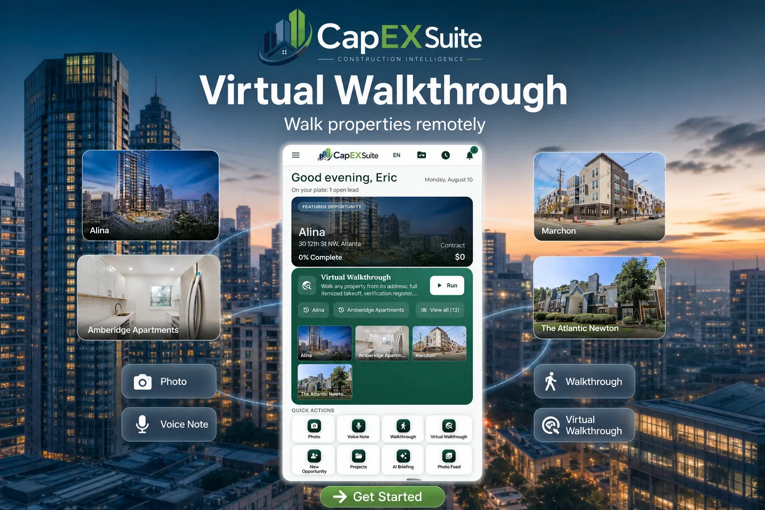 Virtual Walkthrough campaign image. Walk properties remotely, with a phone showing the CapExSuite dashboard surrounded by walked property cards.