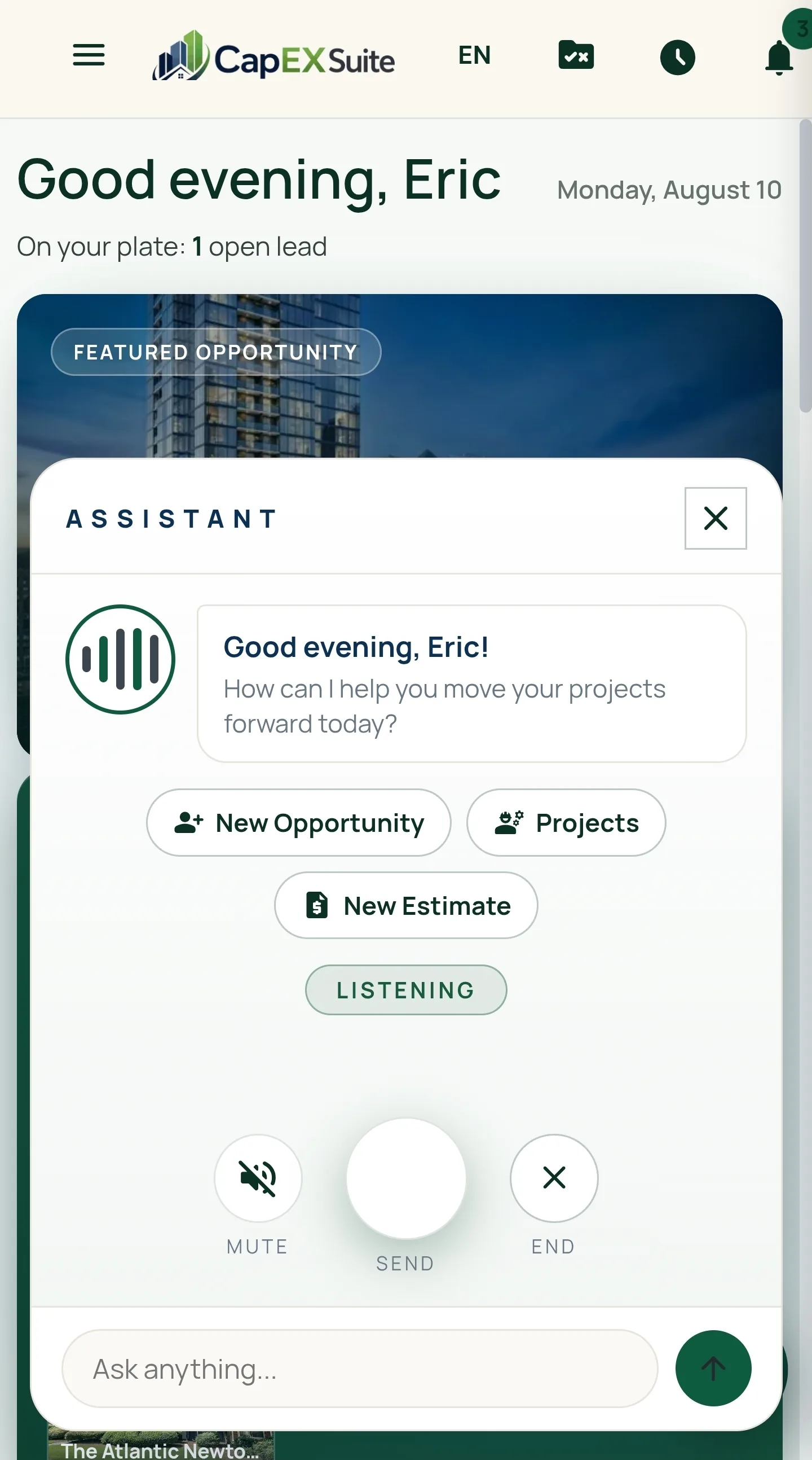 The CapExSuite assistant open over the dashboard on a phone, offering New Opportunity, Projects and New Estimate, with a text box and voice controls for mute, send and end.