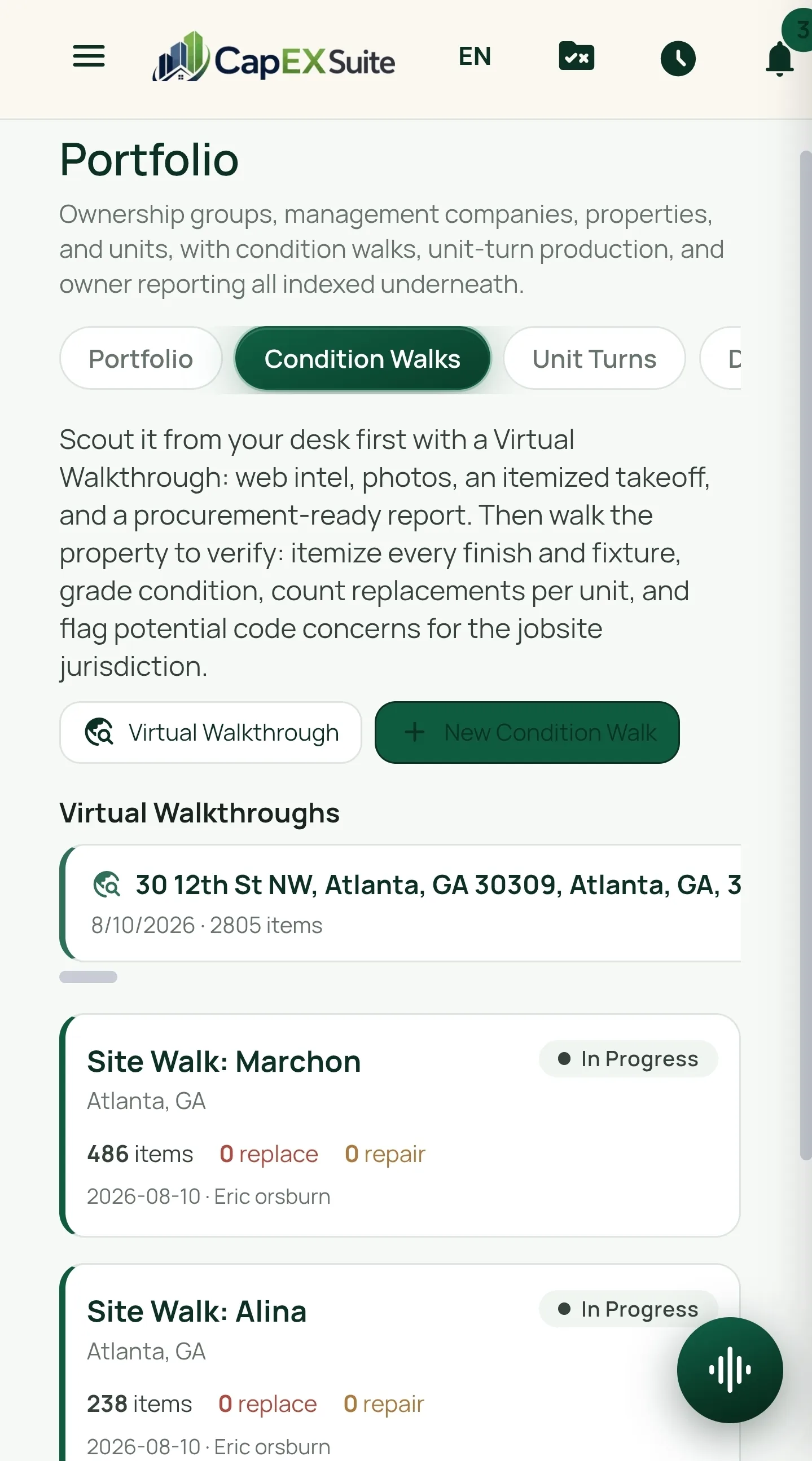 CapExSuite condition walks on a phone. A virtual walkthrough of 30 12th St NW in Atlanta covering 2,805 items sits above two in-progress site walks, Marchon at 486 items and Alina at 238 items.