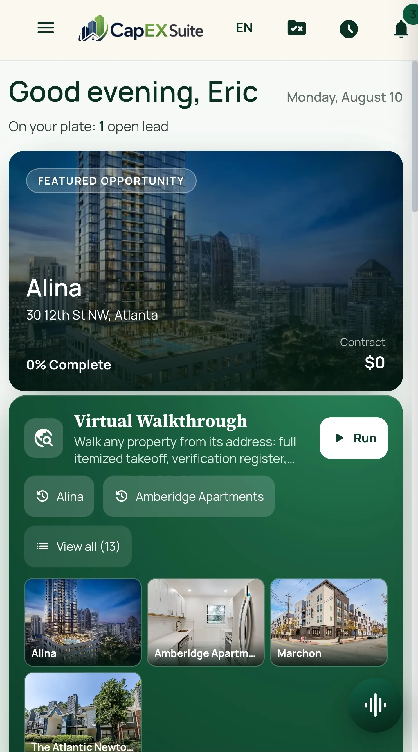 CapExSuite dashboard on a phone showing the Featured Opportunity card for Alina at 30 12th St NW and the Virtual Walkthrough card with recently walked properties.