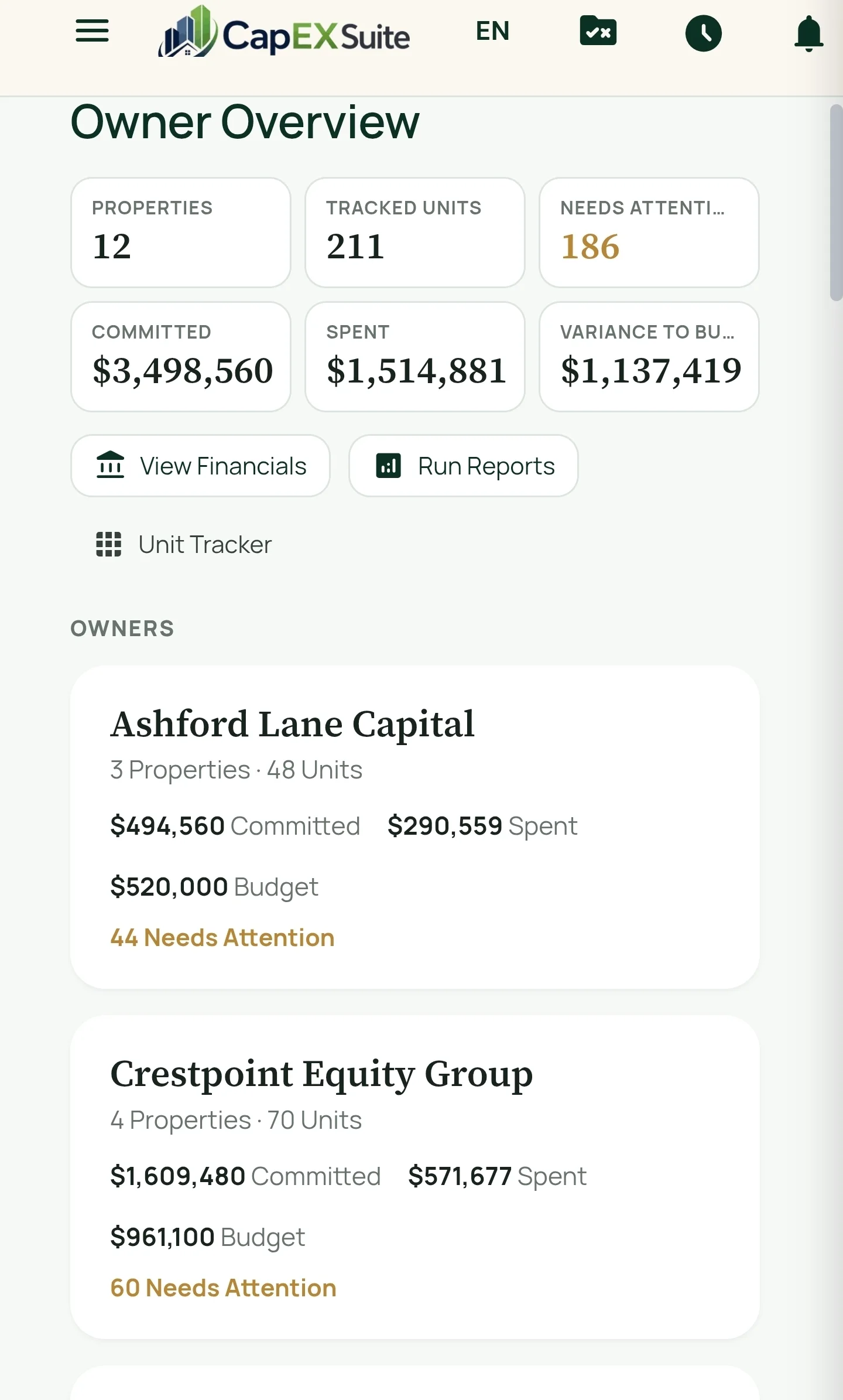 The Owner Overview on a phone: portfolio totals for committed, spent and variance to budget, with per-owner cards showing properties, units, budgets and attention counts.