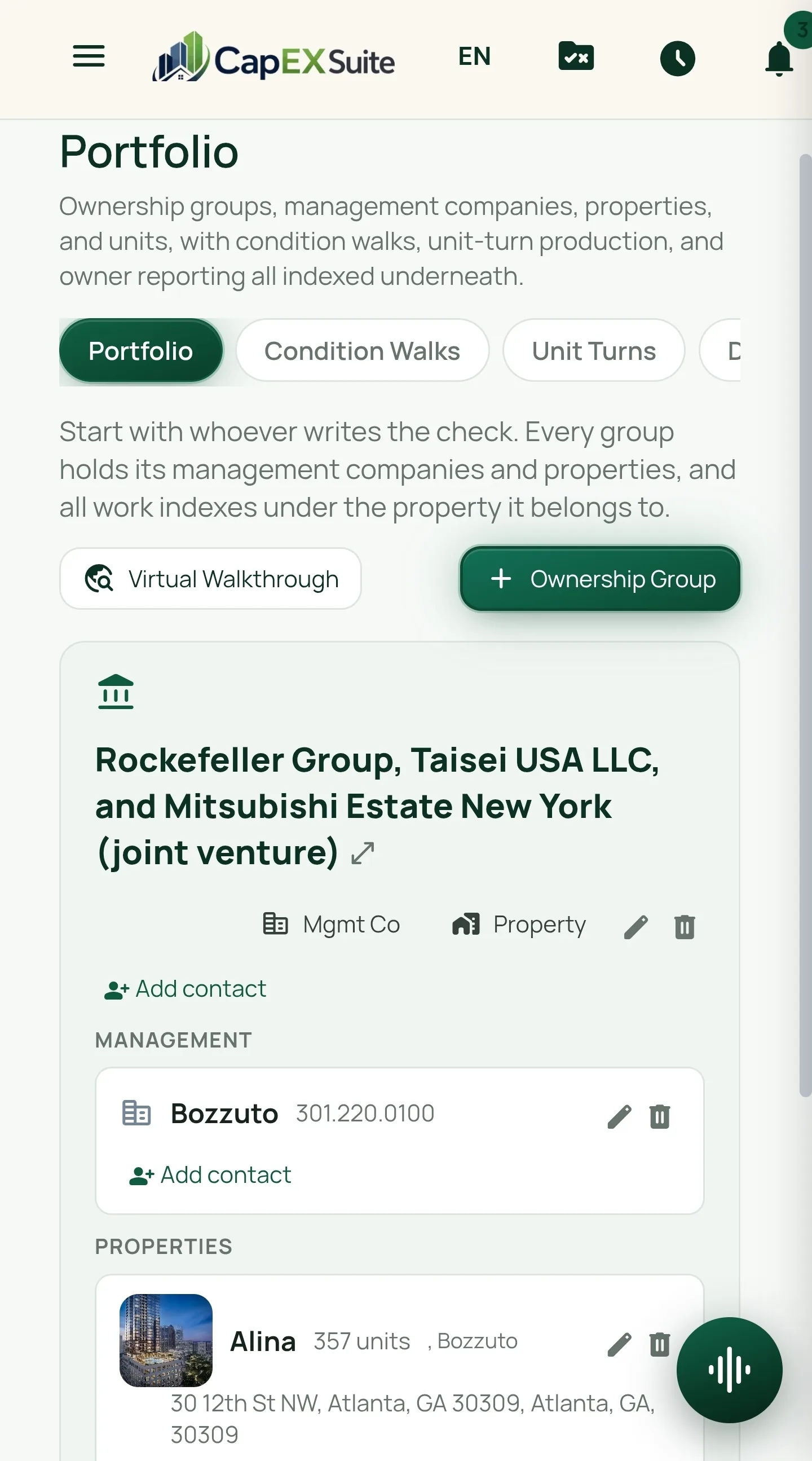 CapExSuite portfolio screen on a phone. An ownership group, Rockefeller Group with Taisei USA LLC and Mitsubishi Estate New York as a joint venture, holds Bozzuto as its management company and the Alina property at 357 units.