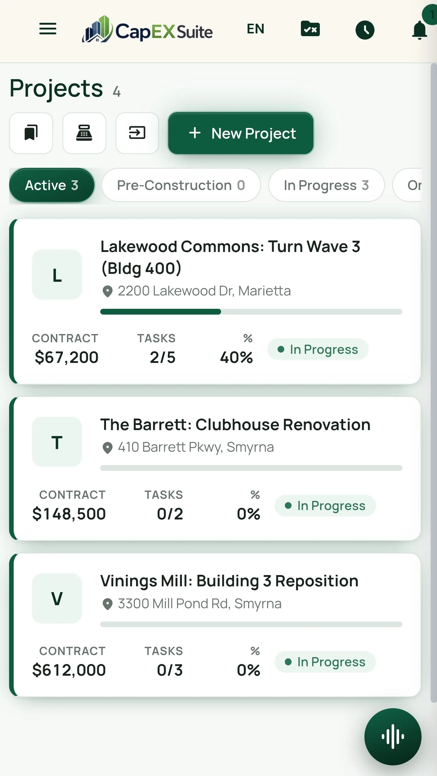 CapExSuite projects list on a phone. Three active projects, Lakewood Commons Turn Wave 3, The Barrett clubhouse renovation and Vinings Mill building 3 reposition, each card showing contract value, task count and percent complete.