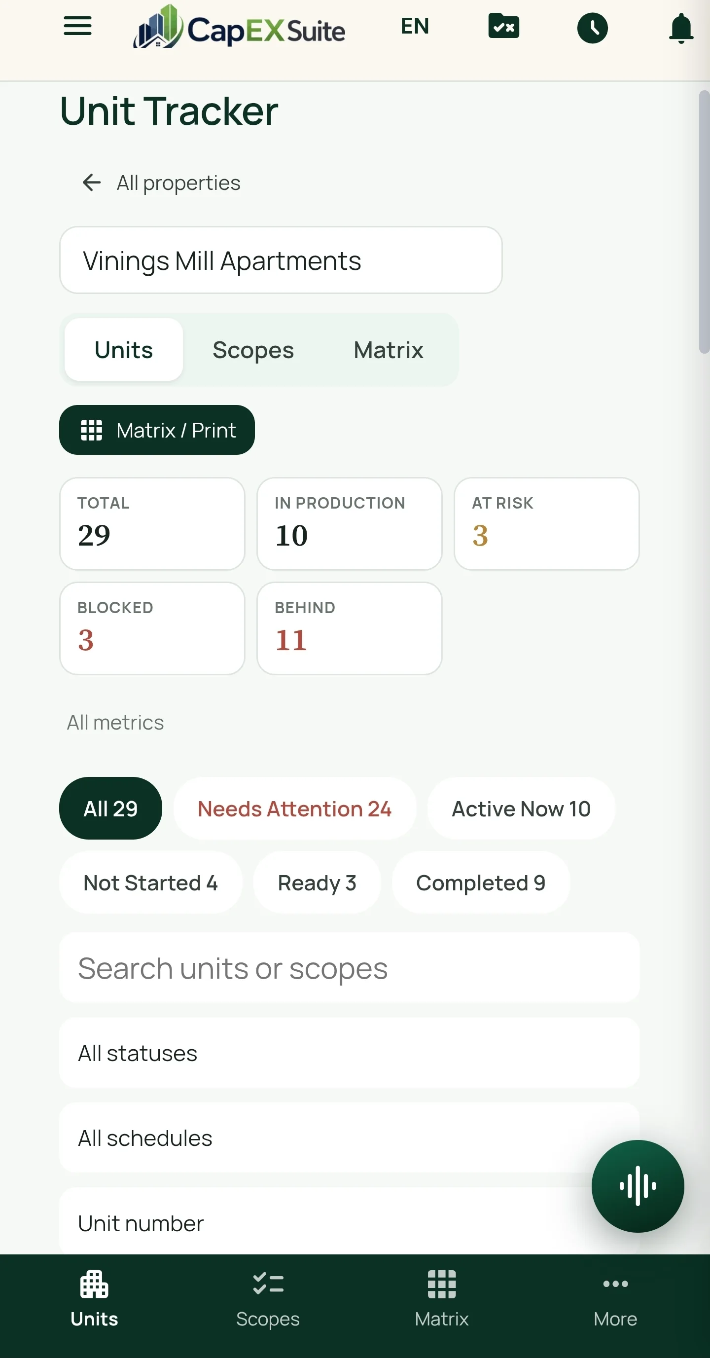 A single property inside the Unit Tracker: totals for in-production, at-risk, blocked and behind units, with filter chips and unit search.