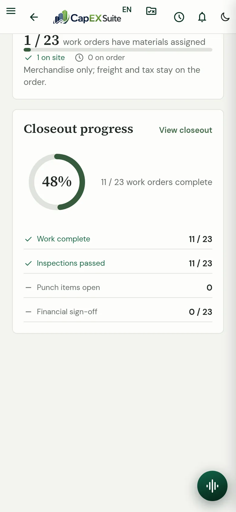 CapExSuite closeout progress on a phone: work complete, inspections passed, punch items open and financial sign-off.