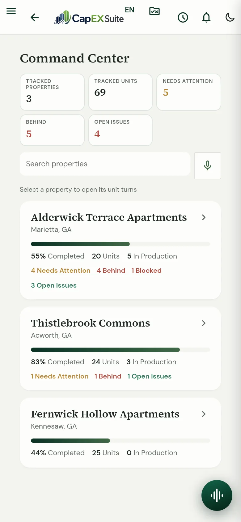 CapExSuite Command Center on a phone: tracked properties, tracked units, needs attention, behind and open issues, then a card per property with its pace bar.