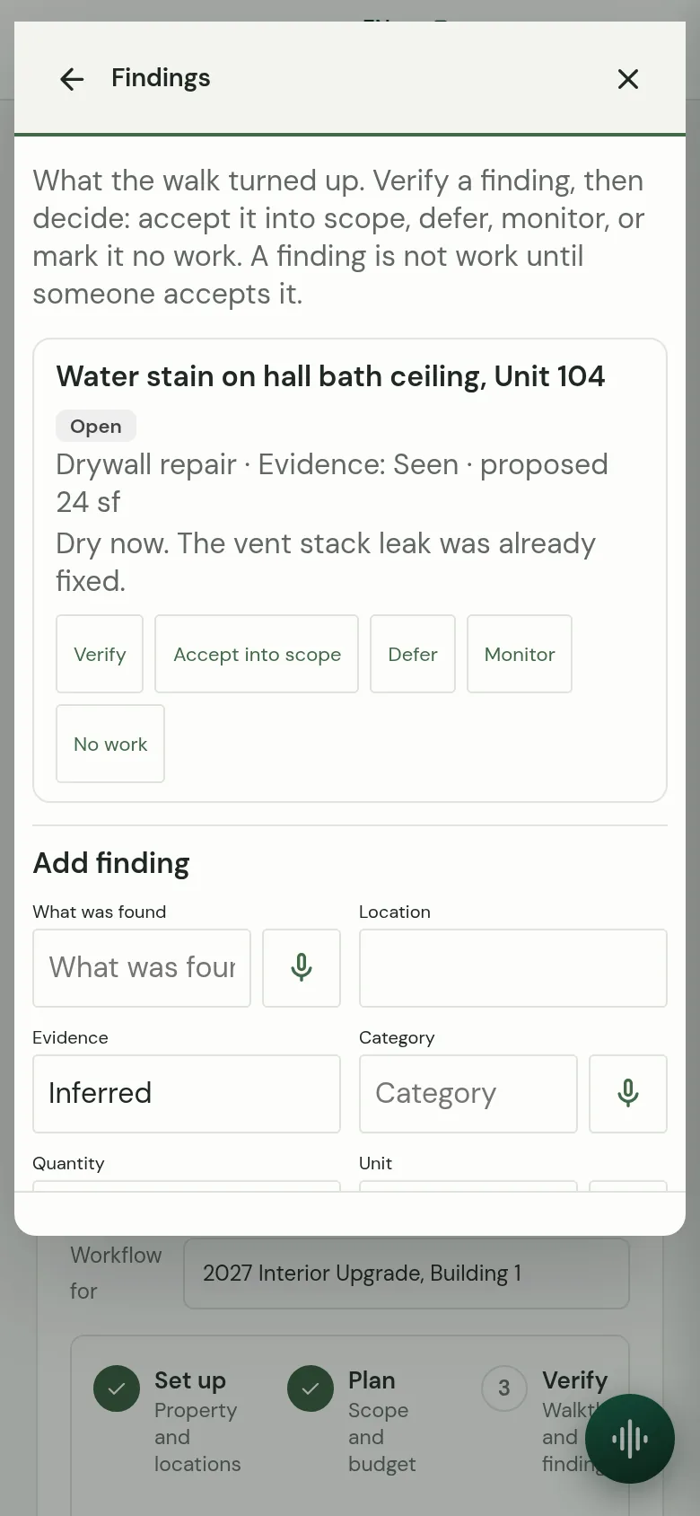 A CapExSuite finding on a phone: a water stain on a hall bath ceiling, with Verify, Accept into scope, Defer, Monitor and No work.