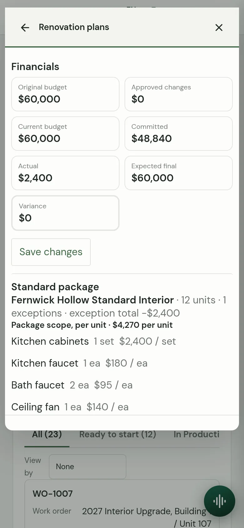 CapExSuite renovation plan financials on a phone: original budget, approved changes, current budget, committed, actual, expected final and variance.