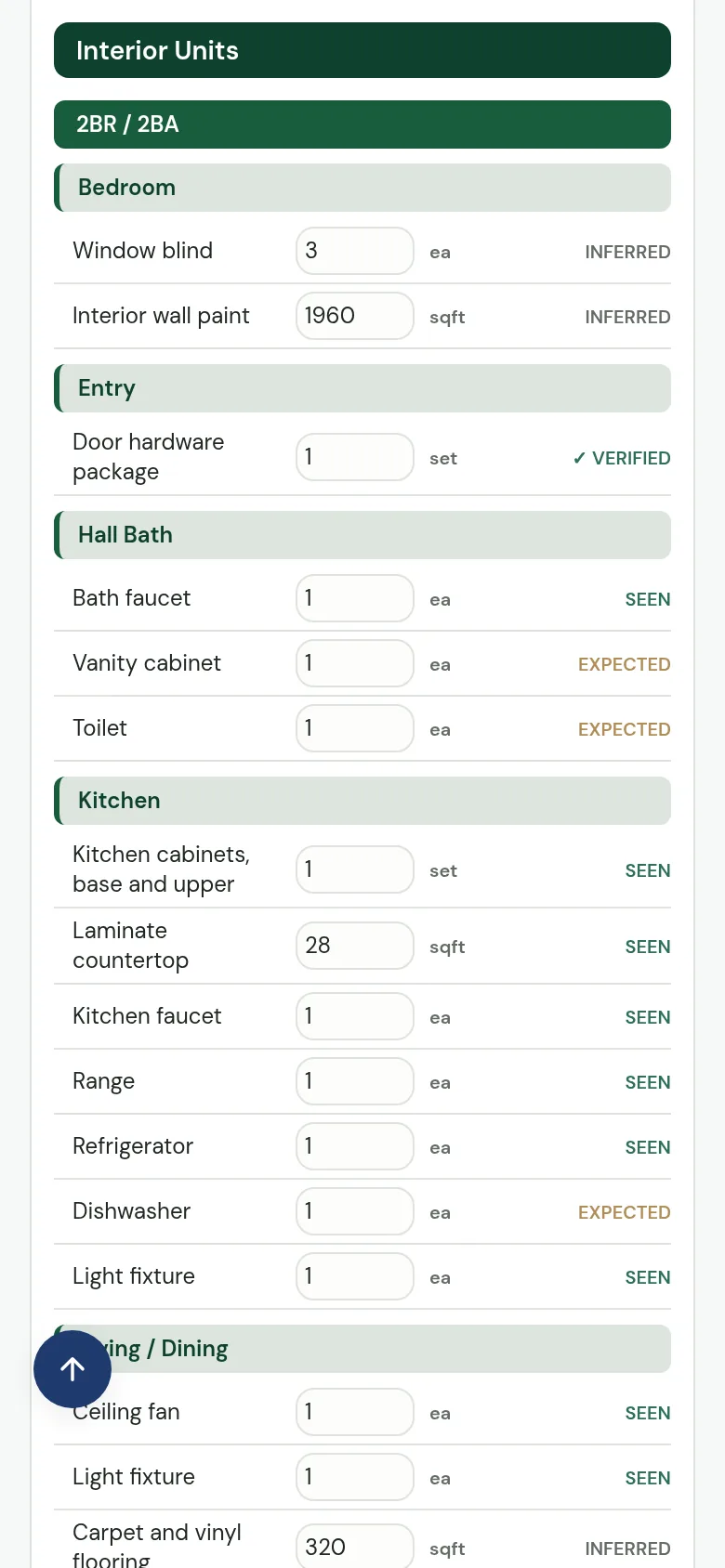 A CapExSuite takeoff for one floor plan on a phone, grouped by room, each line with its quantity and a Seen, Expected, Inferred or Verified label.