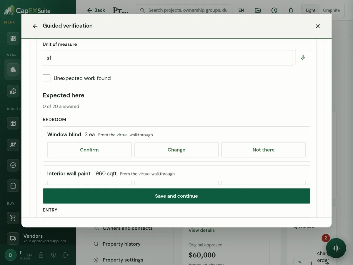 CapExSuite guided verification on a tablet, with the expected lines, Confirm, Change and Not there, and Save and continue.