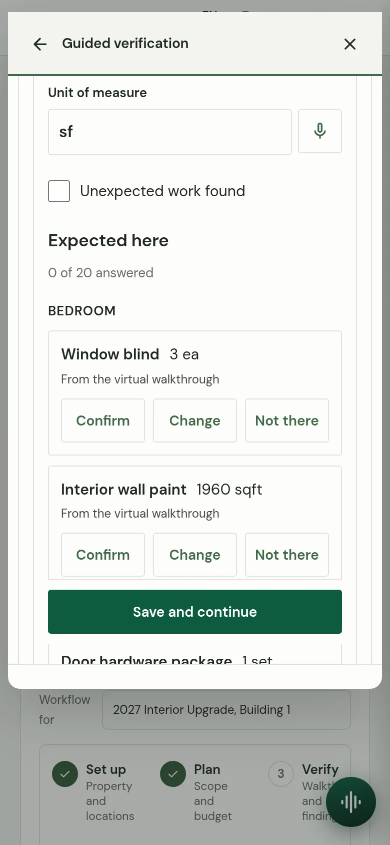 CapExSuite guided verification on a phone: a unit stop listing the lines the virtual walkthrough expects, each with Confirm, Change and Not there, a microphone beside the text box, and Save and continue.